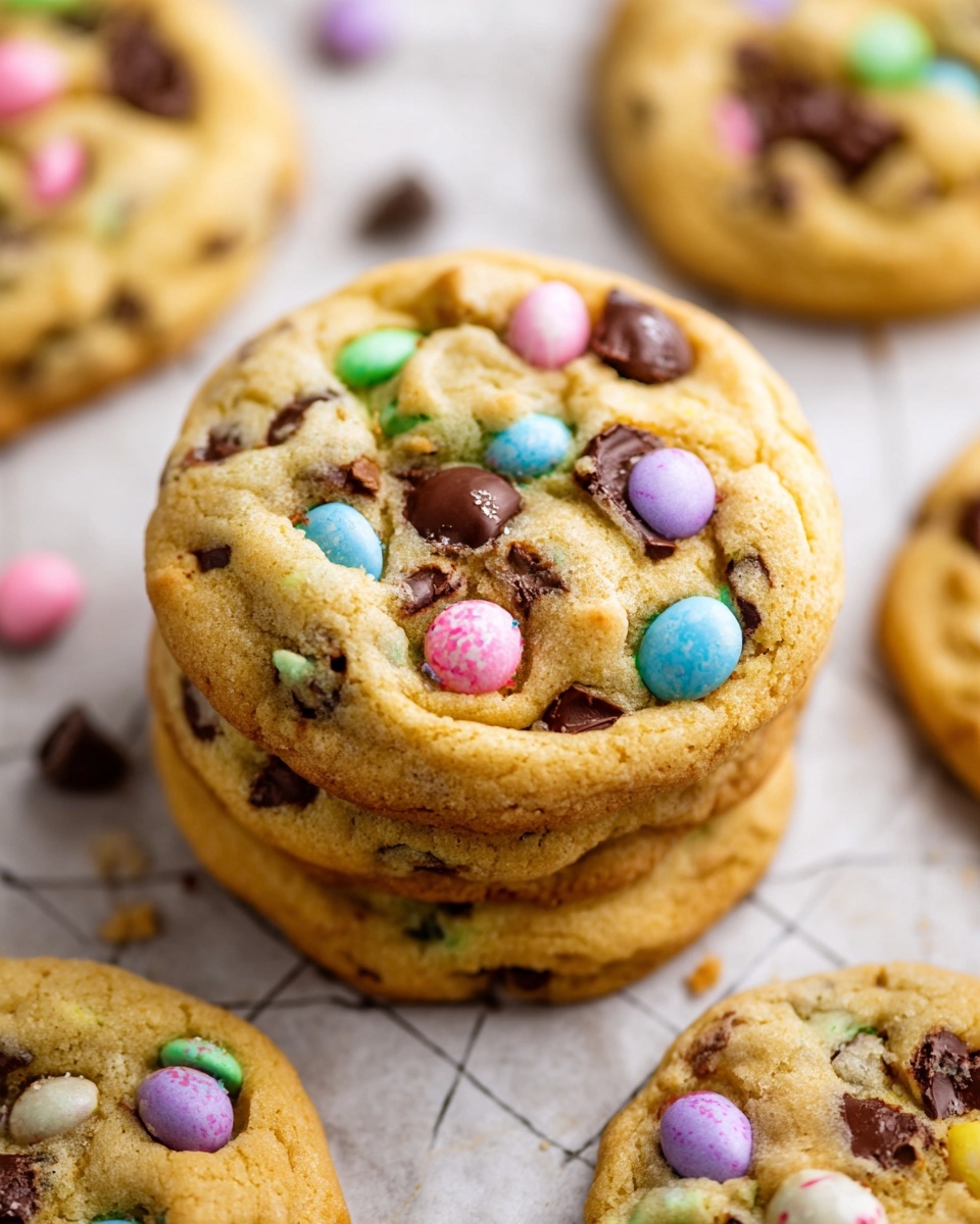 A close-up view of a stack of soft, round cookies with a slightly golden-brown surface, filled with melted dark chocolate chunks and smooth candy-coated pastel pieces in pink, blue, green, and purple. The cookies show a soft texture with small cracks and an inviting, warm look. Around the main stack, more cookies with similar texture and candy colors lie on a white marbled surface with a faint grid pattern in the background, scattered with a few chocolate chips and candy pieces. The image focuses on the detailed texture of the top cookie, highlighting the melty chocolate and colorful candies, photo taken with an iphone --ar 4:5 --v 7