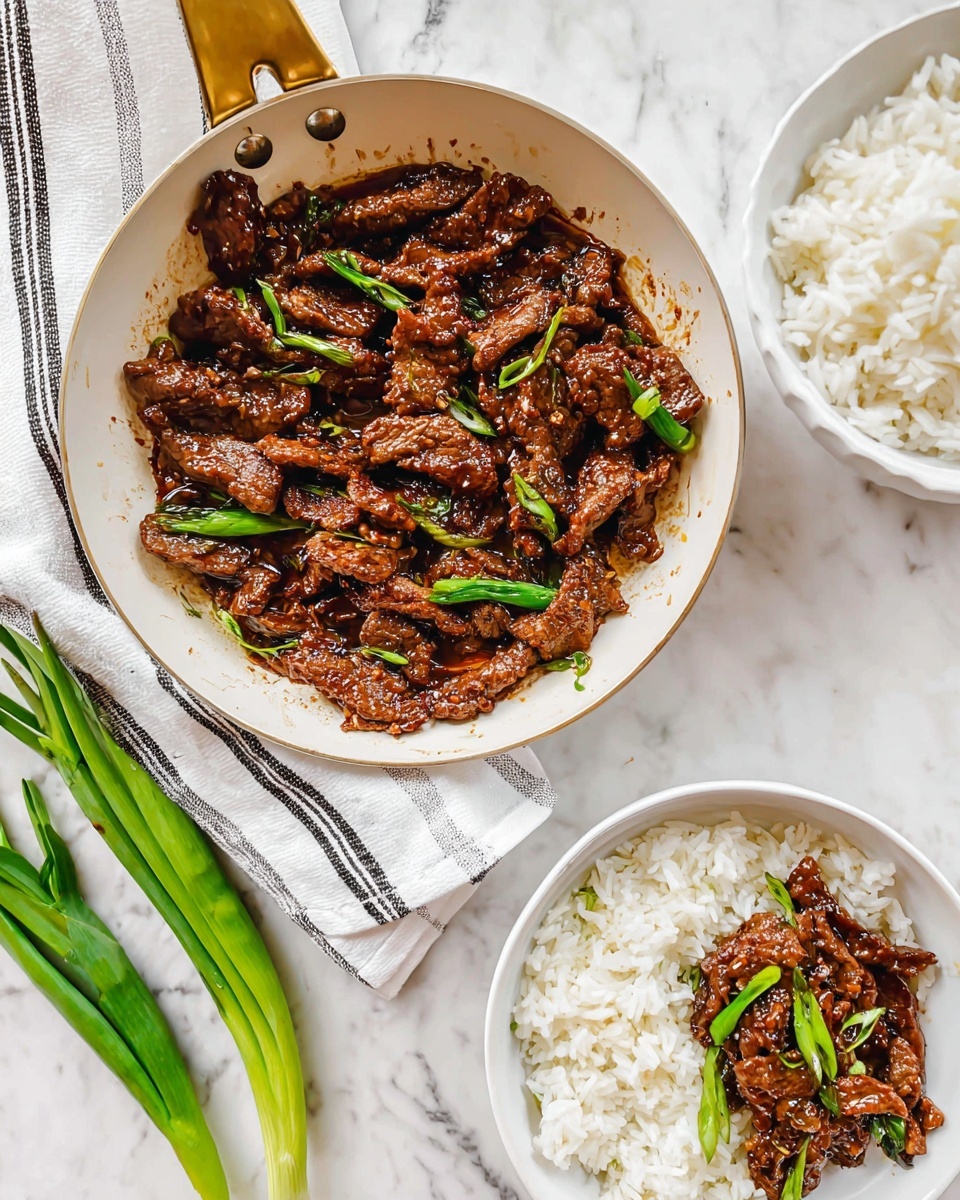 A white frying pan with a gold handle holds many thin pieces of cooked brown meat glazed in a shiny dark sauce, mixed with a few bright green spring onion pieces. To the right, a white bowl filled with fluffy white rice is partially visible. Below that, another white bowl has a serving of the meat and sauce on top of white rice, garnished with green spring onions. The setting is on a white marble surface with a white cloth with black stripes under the pan’s handle and fresh green spring onions resting nearby. Photo taken with an iphone --ar 4:5 --v 7