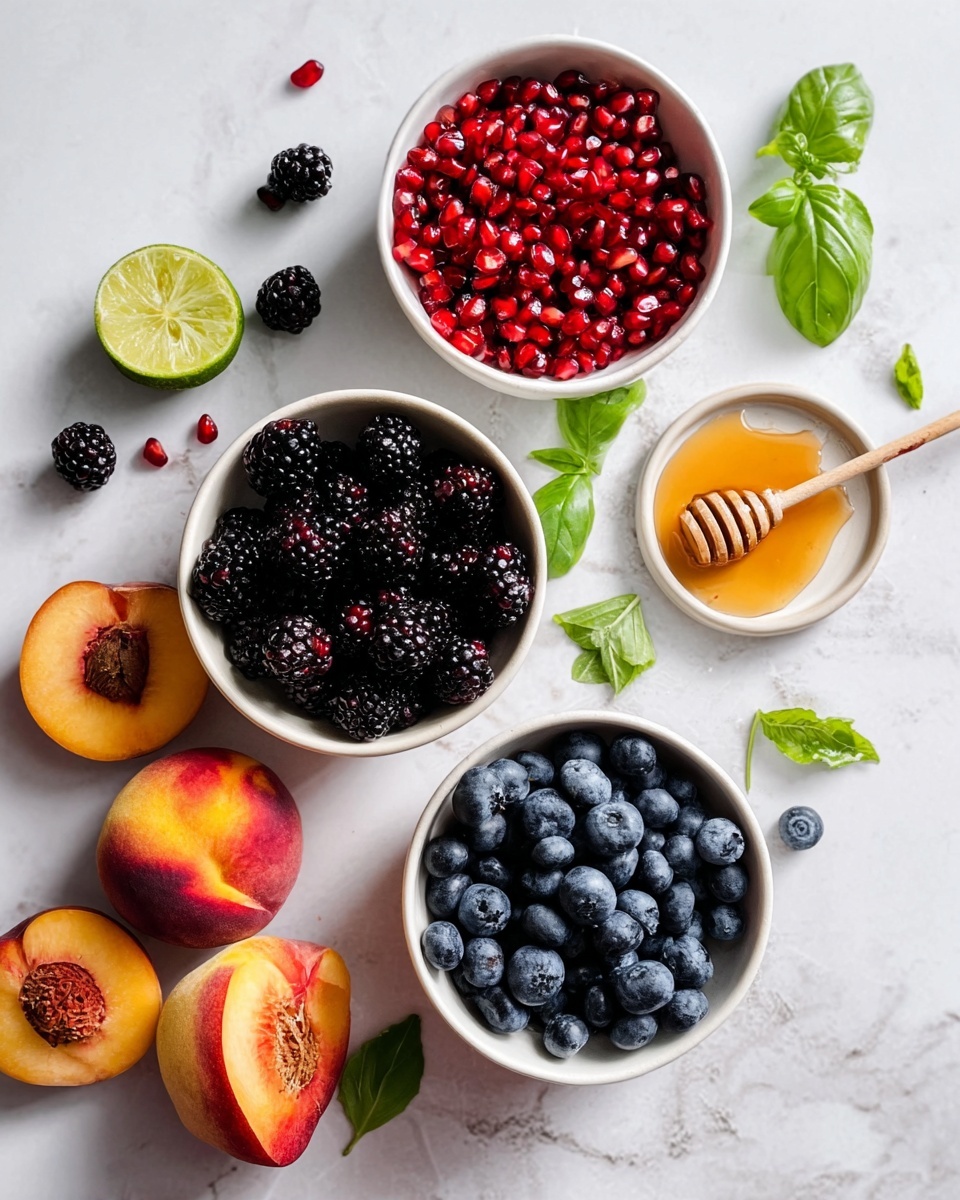 The image shows three white bowls arranged close to each other on a white marbled surface. The top bowl is filled with shiny red pomegranate seeds. The middle right bowl holds dark blackberries with a soft, bumpy texture. The bottom bowl is full of dark blue blueberries with smooth surfaces. Around the bowls, there are sliced peaches with bright orange flesh and brown pits, whole peaches, a halved lime showing green and juicy inside, a bright red pomegranate, and scattered green basil leaves. A small round white plate holds honey with a wooden honey dipper resting on it. Photo taken with an iphone --ar 4:5 --v 7