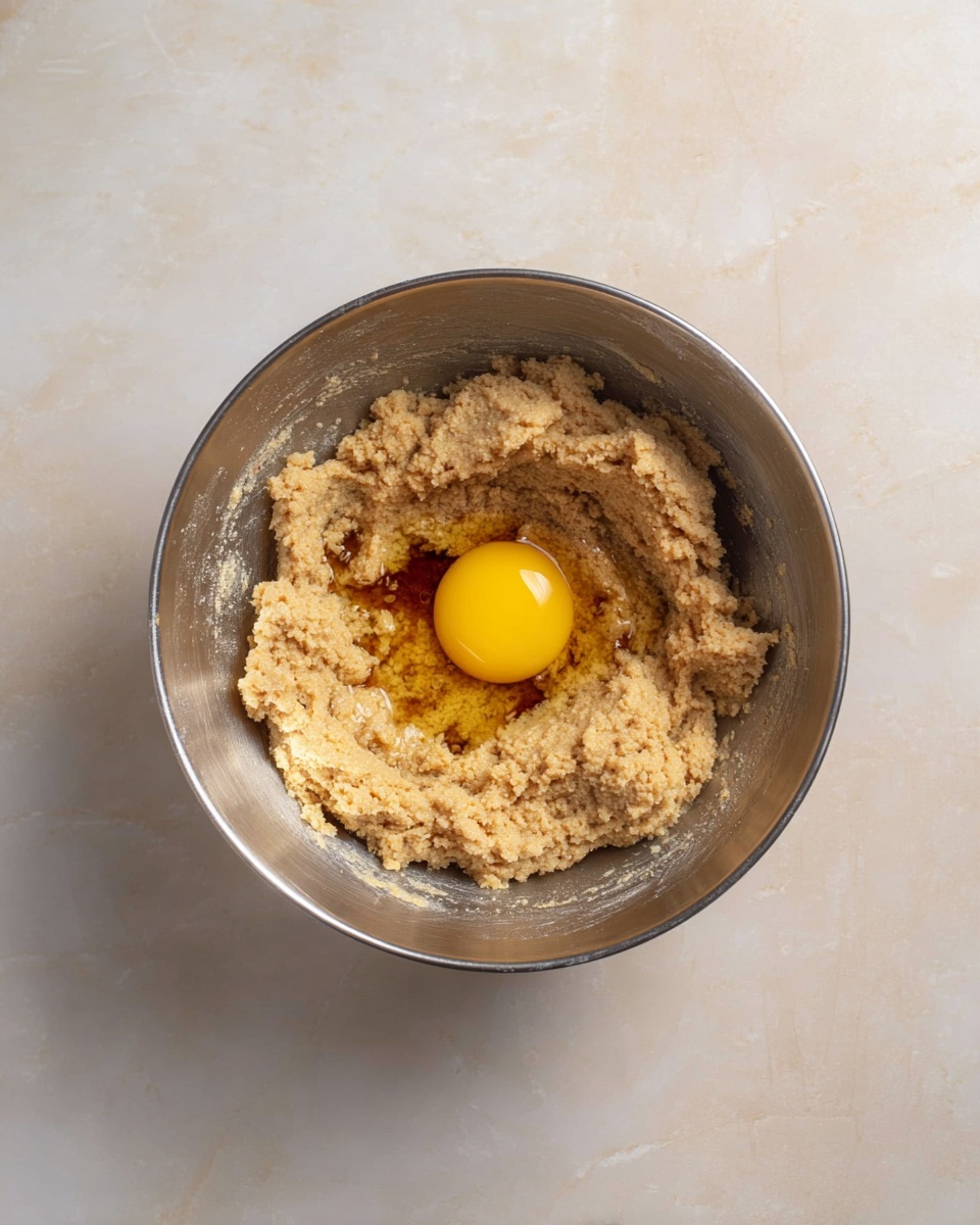 A metal bowl sits on a white marbled surface, filled with a rough, light brown dough mixture spread across the bottom and sides. In the center of the dough mixture is a raw egg yolk with a bright yellow color, with some darker vanilla or syrup drops around it. The dough has a slightly grainy and thick texture, and the bowl reflects soft light. photo taken with an iphone --ar 4:5 --v 7