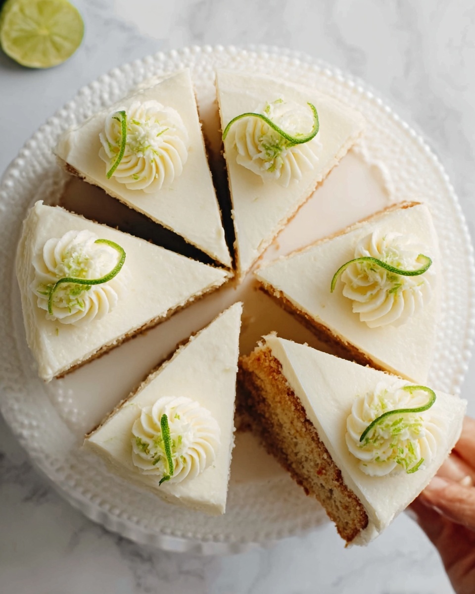The image shows a white round cake with four slices cut. Each slice has two layers: a light brown bottom layer with a textured cake surface, and a smooth white frosting layer on top. On each slice, there is a small white cream swirl placed near the edge, topped with a thin curl of green lime peel. The cake rests on a white plate with a scalloped edge, set on a white marbled surface. A woman's hand is gently touching one slice, ready to lift it. Photo taken with an iphone --ar 4:5 --v 7