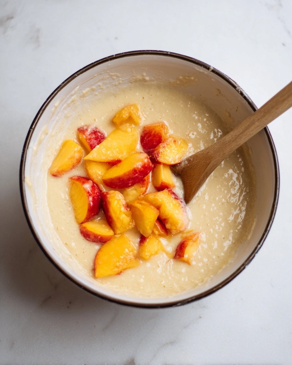 A white bowl with a dark rim sits on a white marbled surface, filled halfway with thick pale beige batter. On top of the batter are bright orange-yellow chopped peach pieces with some red skin visible. A wooden spoon with a flat edge is placed inside the bowl, partially submerged in the batter near the fruit. The light comes from above, highlighting the smooth texture of the batter and the juicy texture of the peach chunks. photo taken with an iphone --ar 4:5 --v 7
