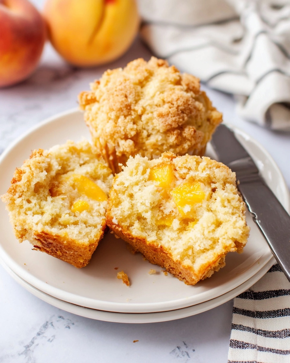 A white plate holds two peach muffins, one whole and one split open into two halves, revealing a soft, light yellow interior with small chunks of peach distributed inside. The muffins have a golden brown crumbly top layer that looks crunchy and textured, sitting on a light golden crust. The background is a white marbled surface with a soft-focus peach and a cloth with black stripes in the upper left corner. A silver knife with a black handle lies horizontally next to the plate. Photo taken with an iphone --ar 4:5 --v 7
