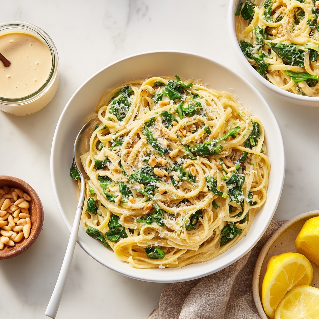 A white bowl filled with three layers of farfalle pasta mixed with green spinach leaves and sprinkled with grated cheese. The top layer of pasta has a light yellow color with bright green spinach visible throughout. A white spoon rests inside the bowl on the left side. On the right side of the bowl, there are two lemon halves placed on a white marbled surface. In the background, there is a smaller white bowl with another serving of the same pasta dish and a small clear jar filled with a creamy sauce. A small bowl with pine nuts is also partially visible behind the bowls photo taken with an iphone --ar 4:5 --v 7