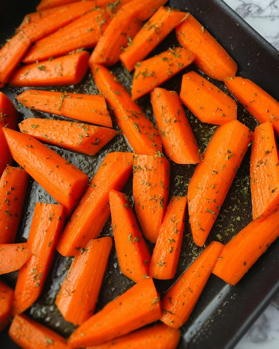 The image shows a black pan filled with evenly spaced bright orange carrots that are sliced diagonally into thick pieces, each piece showing a smooth texture with a bear orange color. The carrots are lightly coated with herbs and oil, giving a glossy and slightly shiny surface. The pan rests on a white marbled surface. photo taken with an iphone --ar 4:5 --v 7