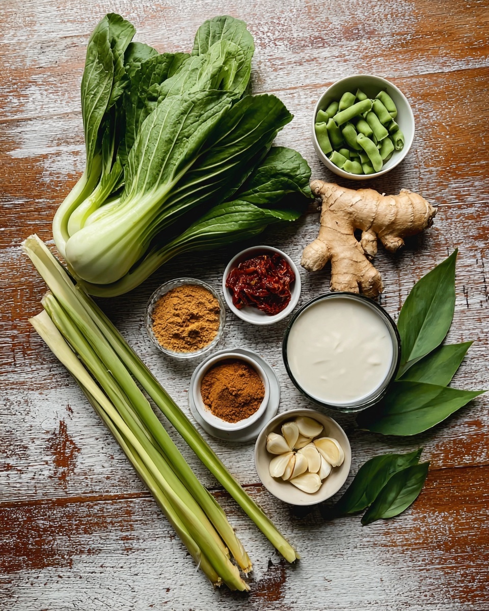 A wooden table with a white marbled texture background is laid out with various fresh ingredients arranged neatly. There is a whole bok choy with bright green leafy tops and white stems positioned to the left, next to two long green lemongrass stalks placed diagonally. Small white dishes hold finely grated brown spice powder, a reddish-brown chunky paste, and a few peeled garlic cloves on a white plate that is slightly crumpled. A white bowl contains small, firm light green beans, and another white bowl nearby has a creamy white liquid. A few pieces of fresh light brown ginger and green pandan leaves add natural texture at the top right. The overall arrangement shows a clean, natural feel with a variety of green, white, brown, and red colors. photo taken with an iphone --ar 4:5 --v 7