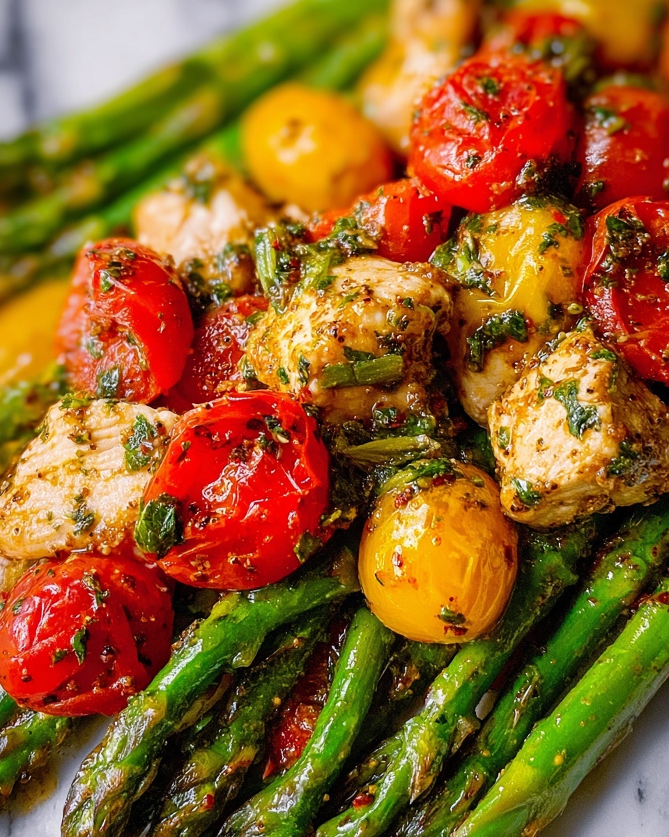 The image shows a close-up of a dish with two main layers: the top layer has chunks of cooked chicken mixed with halves of red and yellow cherry tomatoes, all coated in herbs and spices, giving a slightly oily and textured look. Below this, there is a layer of bright green asparagus spears cooked and slightly shiny, also mixed with some whole and halved red and yellow cherry tomatoes scattered across. The background is a white marbled texture. photo taken with an iphone --ar 4:5 --v 7