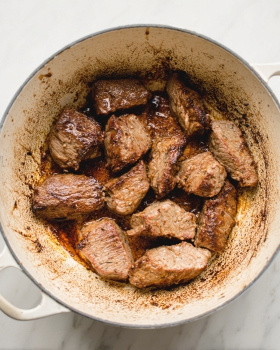 The image shows a white pot containing several pieces of browned meat, arranged in a single layer at the center of the pot. The meat pieces have a cooked, slightly rough texture with brown and gray tones. Around the edges of the pot's inner surface, there are dark brown cooked-on residues, giving a rustic appearance. The pot sits on a white marbled surface. photo taken with an iphone --ar 4:5 --v 7