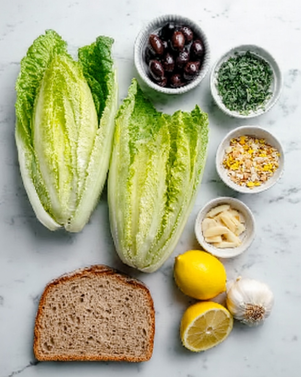 The image shows a top view of ingredients placed on a white marbled surface. There are two whole, fresh pale green romaine lettuce heads placed horizontally in the center. Above the lettuce, there are small white bowls filled with dark black olives, green chopped herbs, yellow grains, and light beige sliced almonds. On the right side, there is a whole garlic bulb and two lemon halves, bright yellow in color, positioned near the bowls. Below the lettuce, there is a single slice of brown bread centered at the bottom. The items are evenly spaced and organized neatly. Photo taken with an iphone --ar 4:5 --v 7