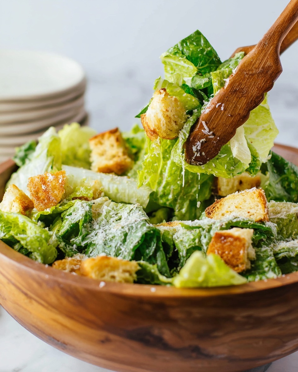 A wooden bowl filled with multiple layers of fresh green lettuce leaves mixed with golden brown croutons sprinkled with fine white grated cheese, with light dressing glistening on the leaves; a pair of wooden salad tongs is lifting a portion showing a close-up of the crisp lettuce and crunchy croutons. The background features a white marbled texture with stacked white plates blurred in the distance. photo taken with an iphone --ar 4:5 --v 7