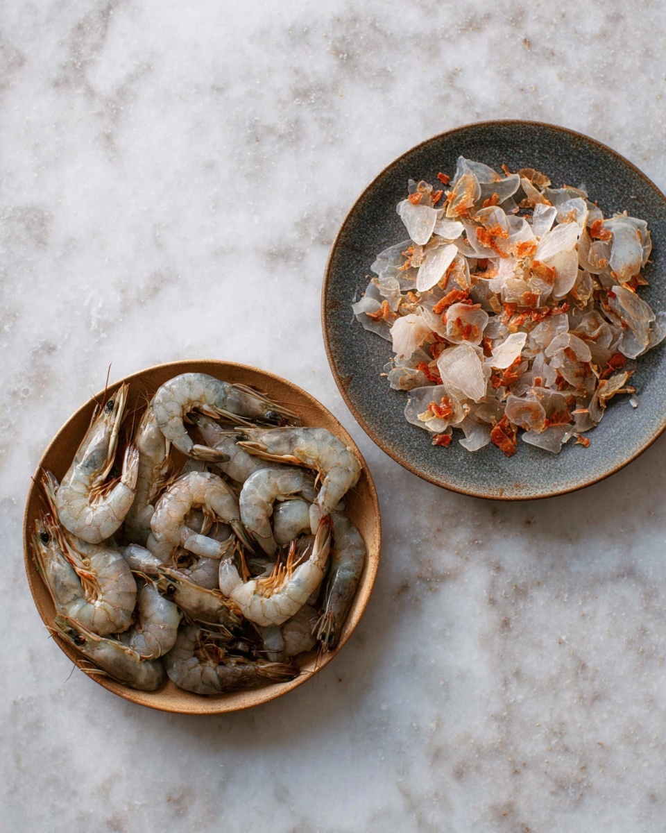 Two round white plates sit on a white marbled surface. The left plate holds a neat pile of raw shrimp that are grayish with brown tails, showing smooth curved bodies. The right plate is filled with broken translucent shrimp shells mixed with small red-orange parts, loosely piled and scattered. Photo taken with an iphone --ar 4:5 --v 7