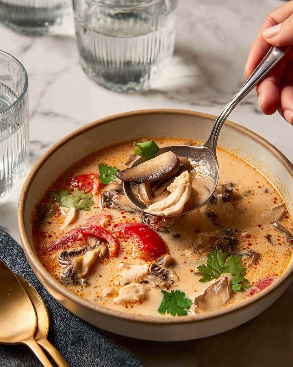 The image shows a bowl filled with creamy soup that has a light brown color, served in a white bowl with a beige rim. Inside the soup, there are visible layers including slices of mushrooms with a soft, dark brown texture, bright red chunks of tomato, pieces of white cream-colored chicken, and some green cilantro leaves scattered on top. A woman's hand is holding a metal ladle, scooping up the soup, showing more chunks of mushrooms and vegetables in the creamy broth. In the background, there are two clear glasses of water on a white marbled surface, adding contrast to the scene. Photo taken with an iphone --ar 4:5 --v 7