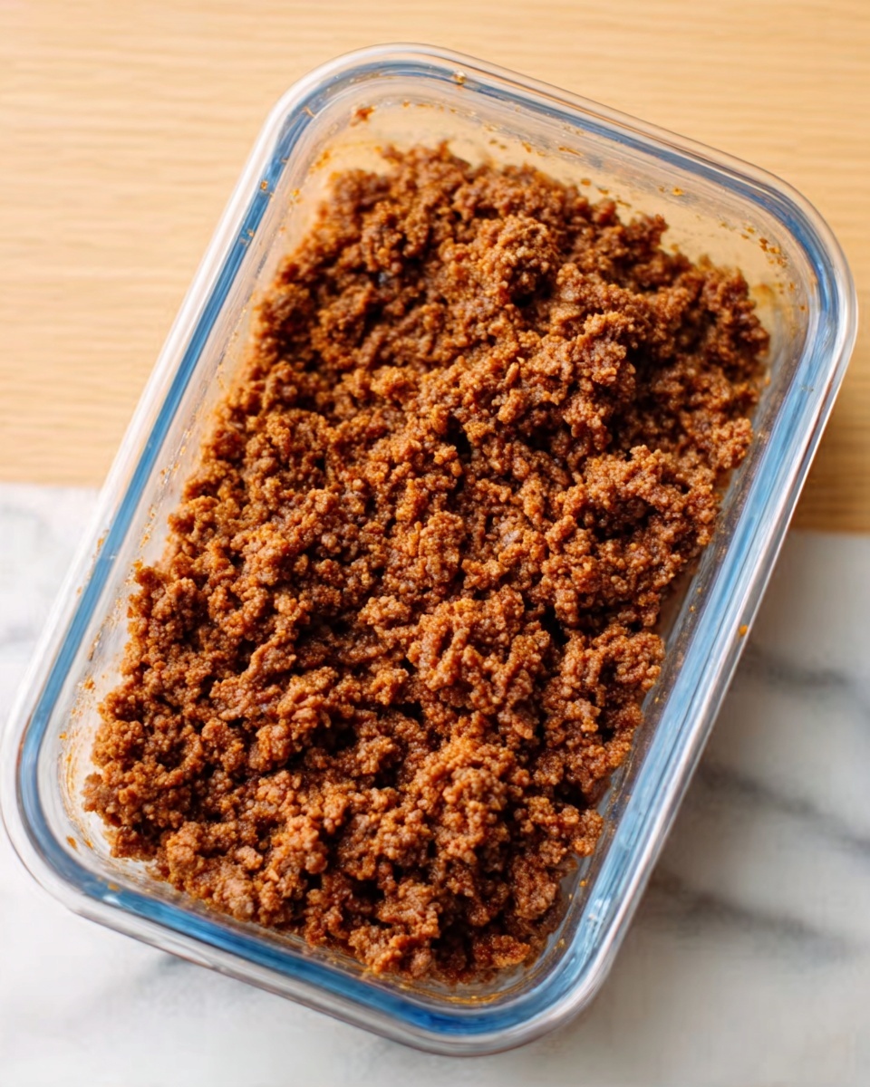A clear rectangular container filled to the top with cooked ground beef, showing a crumbly and uneven texture with rich brown color throughout. The container is placed on a white marbled surface, and the lid is partially off, resting to the side. The photo has a warm tone and natural lighting. photo taken with an iphone --ar 4:5 --v 7