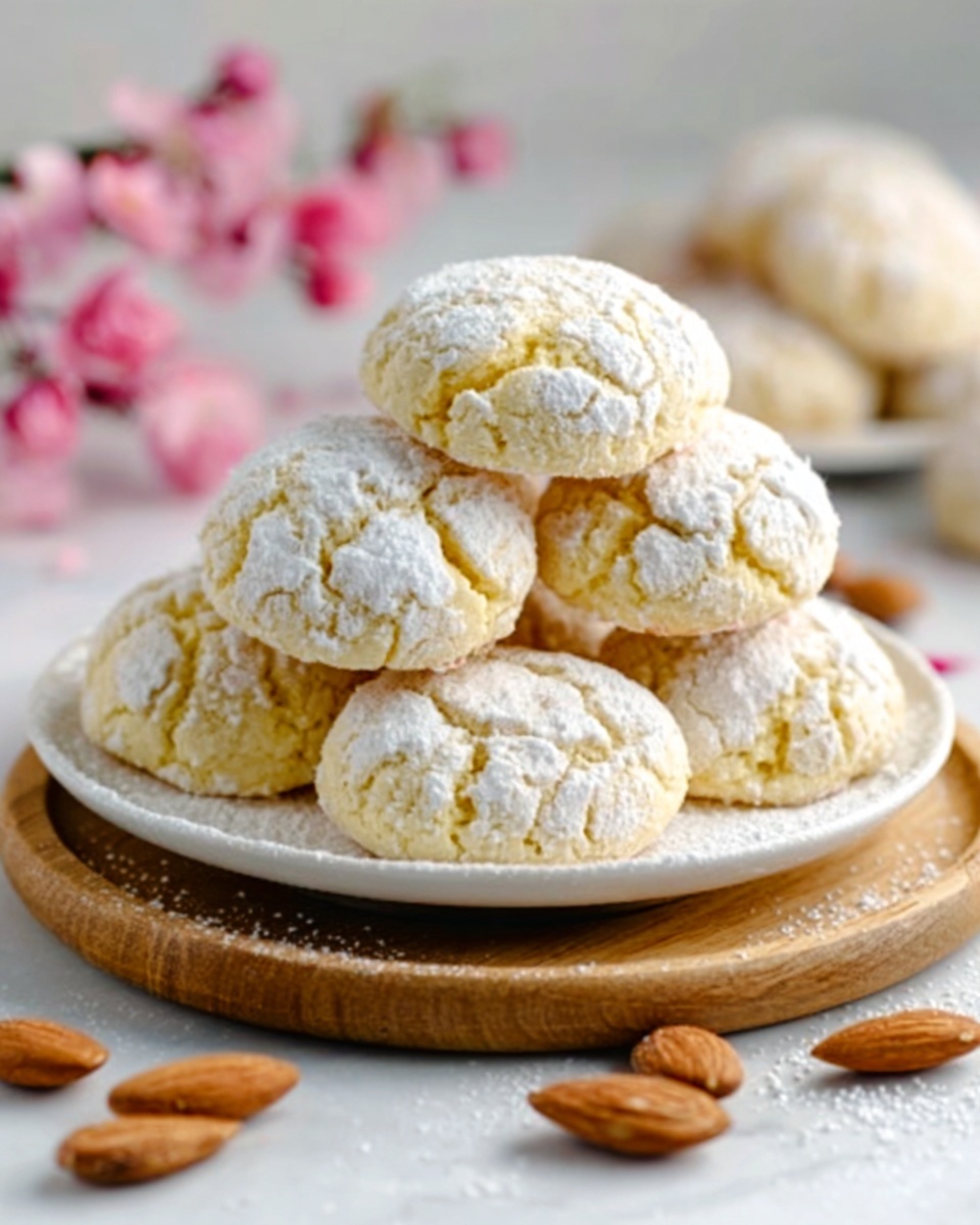A stack of light yellow cookies with cracks and powdered sugar dusting sits on a white plate with a smaller white plate underneath, all placed on a round wooden board. The cookies have a soft texture with crackled tops showing a slightly golden inside. Around the plate are scattered whole almonds and a few pink flowers blurred in the background. The surface is white marble with subtle grey veins. Photo taken with an iphone --ar 4:5 --v 7