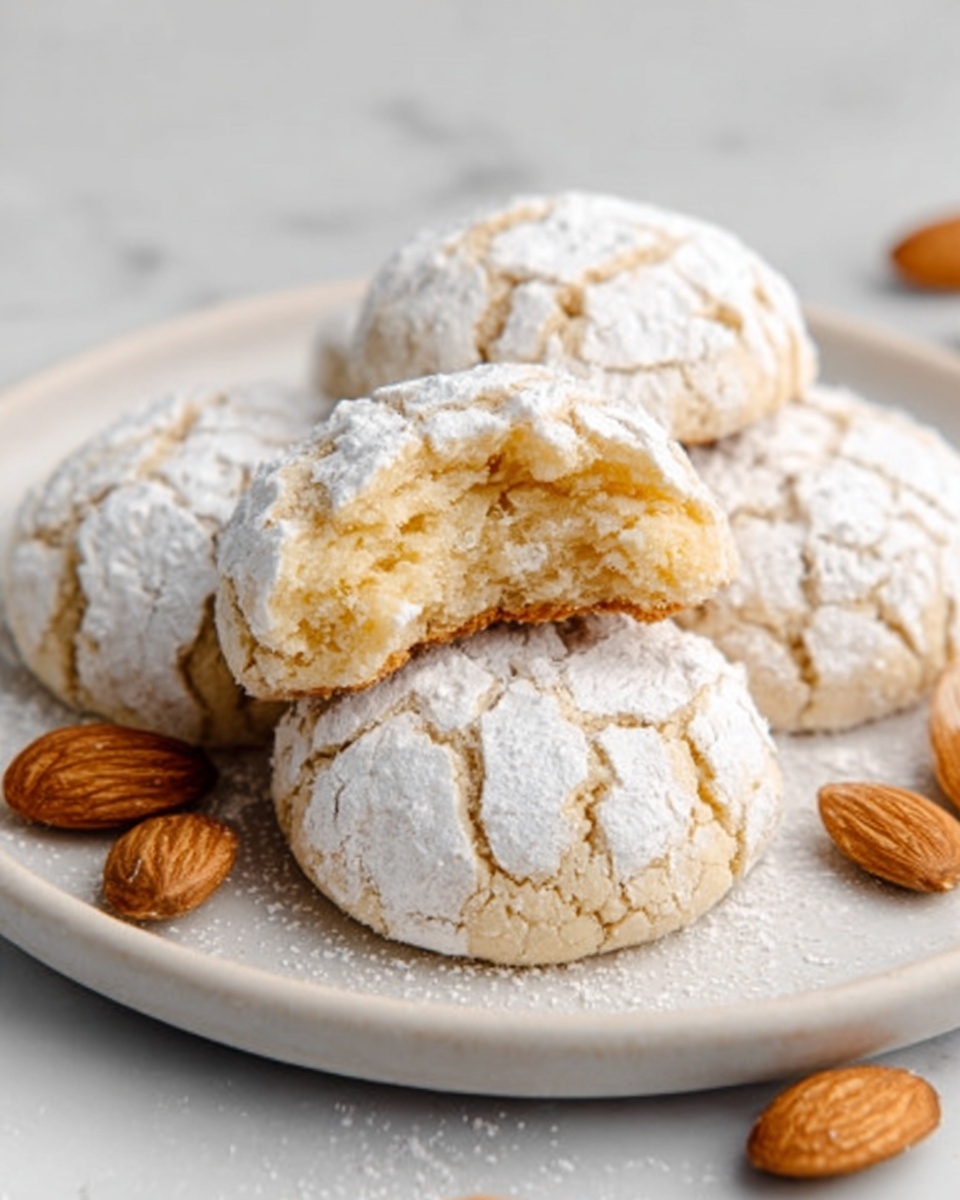 The image shows a white plate on a white marbled surface holding five round soft cookies. The cookies are light golden with a cracked top that is covered in a thin layer of white powdered sugar. One cookie is in front with a bite taken out, showing a soft, crumbly inside. A few whole almonds are placed near the plate. The overall look is clean and simple. Photo taken with an iphone --ar 4:5 --v 7