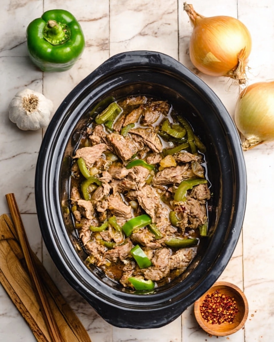 The image shows a black slow cooker full of cooked meat mixed with green bell pepper slices and onions. The meat looks soft and juicy with a brown color, and the vegetables add green and light yellow tones. Around the slow cooker, there are whole vegetables like a green bell pepper, a yellow onion, and a garlic bulb placed on a white marbled surface. A small wooden bowl with red spices is next to the slow cooker, and a pair of wooden chopsticks rests nearby. photo taken with an iphone --ar 4:5 --v 7