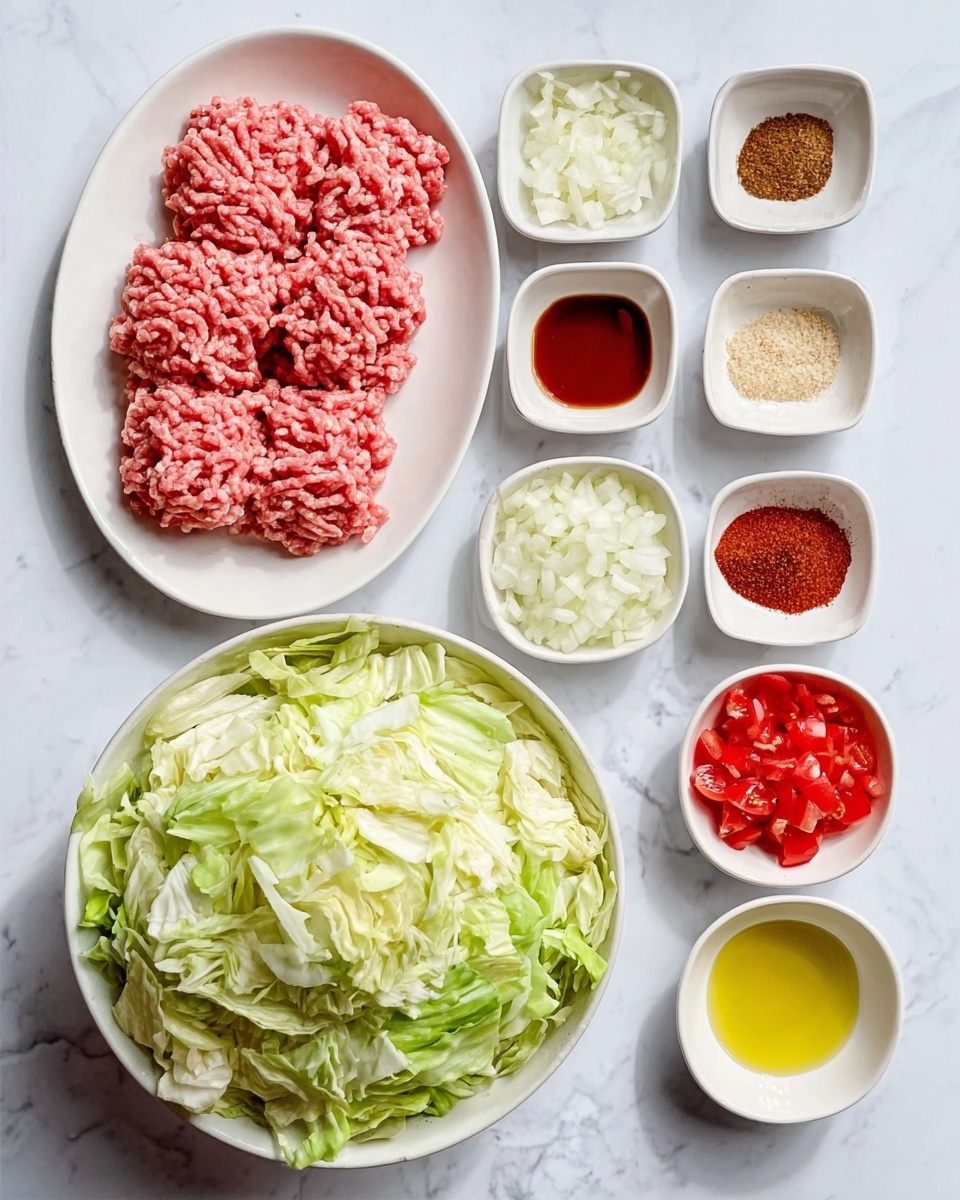 The image shows a white oval plate with raw ground meat, pink and finely textured, placed on the top left. To its right, there are small white bowls arranged in rows on a white marbled surface, each containing different ingredients: spices in shades of red and brown, finely chopped white onions, diced red tomatoes, and light yellow oil. At the bottom left, a large white bowl is filled with roughly chopped pale green cabbage. The setup is neat and colorful, showcasing all ingredients clearly. Photo taken with an iphone --ar 4:5 --v 7