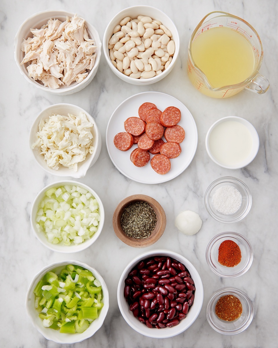 This image shows a top view of many small white bowls and a clear measuring cup on a white marbled surface. From the top left, there is shredded light chicken in the first bowl, next to it a bowl filled with white beans, and a clear measuring cup with yellow broth on the right. Below the beans is a bowl with white cream and to the right of it a small white plate with thick slices of red sausage. Below the chicken is a bowl of finely chopped white onion, below that a small brown bowl holding a dark dried herb mix, and to its right a small white bowl with white powder. At the bottom row, from left to right, there is a bowl with green diced green bell pepper, a bowl with dark red kidney beans, and a bowl with sliced celery. On the far right side in a stacked line are four small white bowls containing clear liquid, salt and pepper, minced garlic, and red powder. The whole setup is clean and well arranged. Photo taken with an iphone --ar 4:5 --v 7