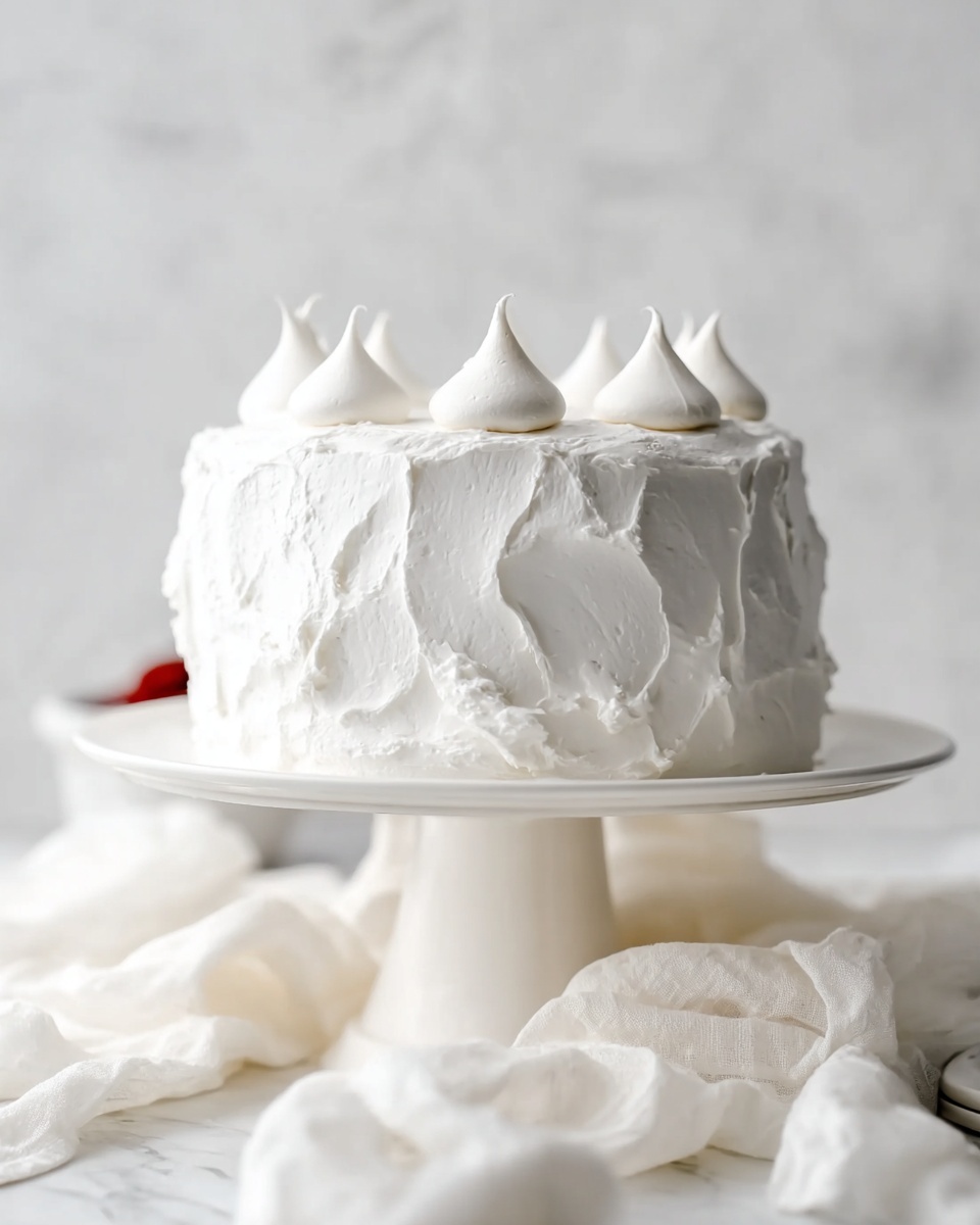 A white frosted cake sits on a white cake stand with a smooth pedestal, placed on a white marbled surface. The cake has one visible layer covered entirely with thick, whipped white cream frosting that is textured with swirls and soft peaks. On top of the cake, there are several evenly spaced dollops of the same white frosting, shaped like small peaks, adding a decorative touch. A white, soft, crumpled cloth is casually laid near the base of the stand, adding softness to the scene. The background has a light, out-of-focus white marbled look, creating a clean and bright setting photo taken with an iphone --ar 4:5 --v 7