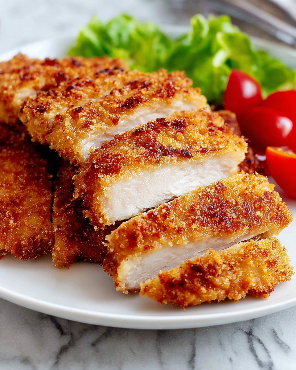 The white plate holds a crispy, golden-brown breaded chicken cut into thick slices, showing its tender white inside. The chicken pieces are stacked in the middle of the plate, with one piece slightly pulled forward, revealing its texture. Behind the chicken, fresh green lettuce leaves and bright red grape tomatoes add color and freshness. The plate sits on a white marbled surface, and the photo is taken close-up, focusing on the chicken's crunchy coating and juicy inside. photo taken with an iphone --ar 4:5 --v 7