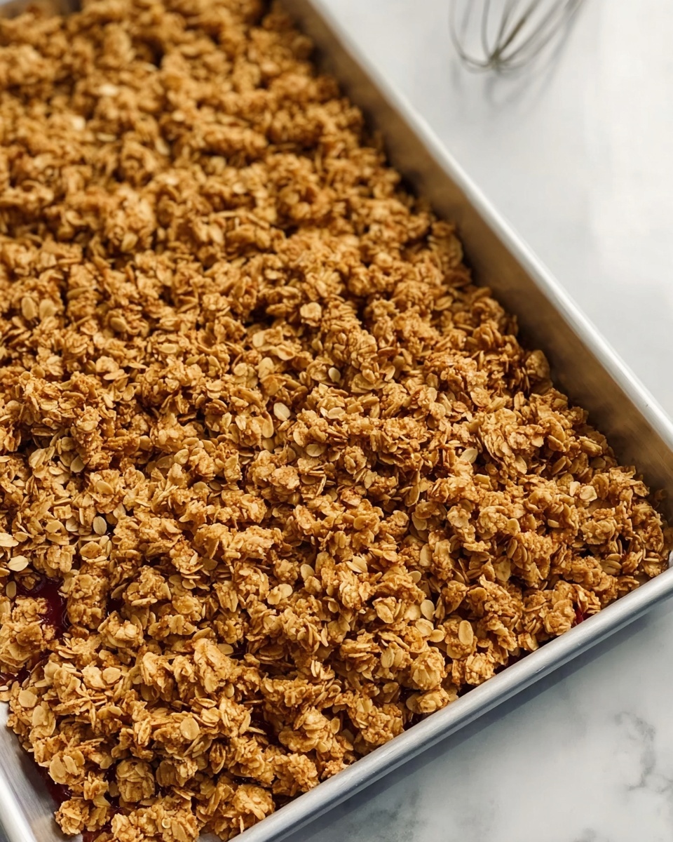 A rectangular metal baking tray filled with a thick, even layer of golden brown, toasted oat granola covering the entire surface. The granola pieces appear crunchy and clustered, with a rough, textured surface. The tray sits on a white marbled surface, and there is a whisk blurred in the background to the right. photo taken with an iphone --ar 4:5 --v 7