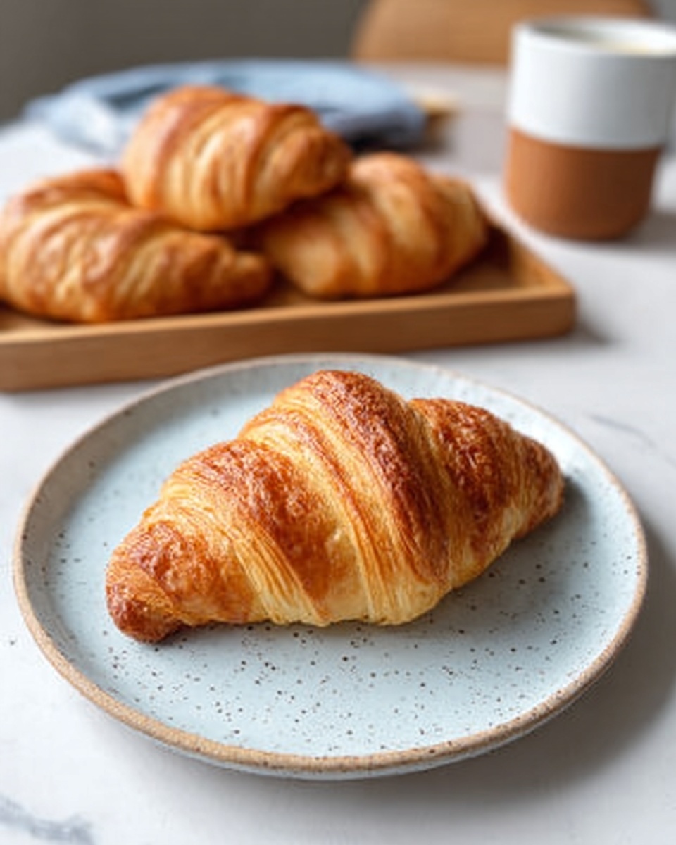 The image shows a close-up of a croissant cut in half, revealing its many soft, flaky layers inside. The outer crust is golden brown and shiny, with a slightly crisp texture. The inside layers are pale yellow and look light and airy, showing the classic spiral pattern of the pastry. Around the main croissant, there are other whole croissants blurred in the background on a white marbled surface. Photo taken with an iphone --ar 4:5 --v 7