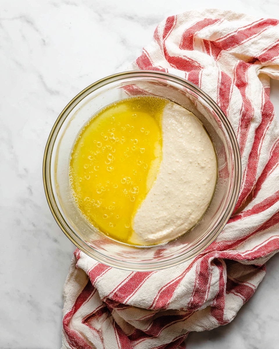 A clear glass bowl sits on a white marbled surface, containing two distinct layers of ingredients side by side. On the left is a bright yellow liquid with small bubbles on its surface, while on the right is a thick, light beige batter that looks smooth and creamy. A red and white striped cloth is casually draped around the bowl, adding texture and color contrast to the scene. photo taken with an iphone --ar 4:5 --v 7