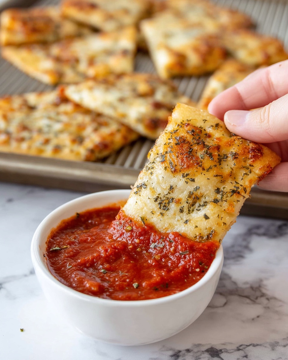 A woman's hand is holding a small square piece of thin flatbread with a golden brown top sprinkled with black and green herbs and melted cheese. The flatbread piece is being dipped into a small white bowl filled with rich, thick red tomato sauce. In the background, more pieces of the flatbread are laid out on a ridged metal baking tray, showing a browned, cheesy top with herbs. The whole scene rests on a white marbled surface. photo taken with an iphone --ar 4:5 --v 7