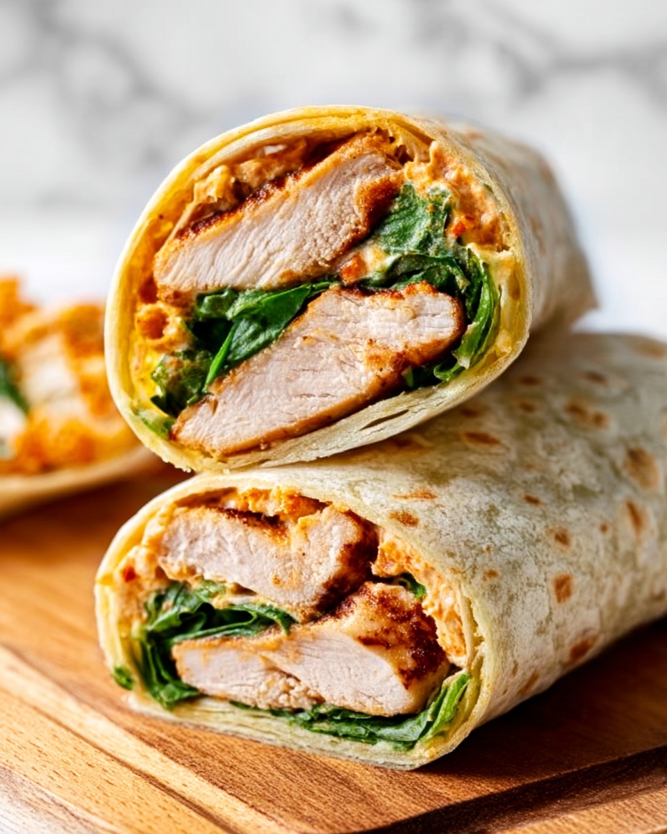 The image shows a close-up of two halves of a wrap stacked on a wooden board, with a white marbled surface in the background. Each wrap is a light beige tortilla, soft and slightly textured. Inside, there are thick pieces of cooked chicken with a light brown grilled look, fresh green leafy spinach near the top, and visible bits of bright orange sauce or spread around the chicken. The wrap is rolled tightly, showing the layers clearly with the green leaves on top, the chicken in the middle, and the sauce touching the tortilla. One half rests horizontally below, while the other half is balanced vertically on top. photo taken with an iphone --ar 4:5 --v 7