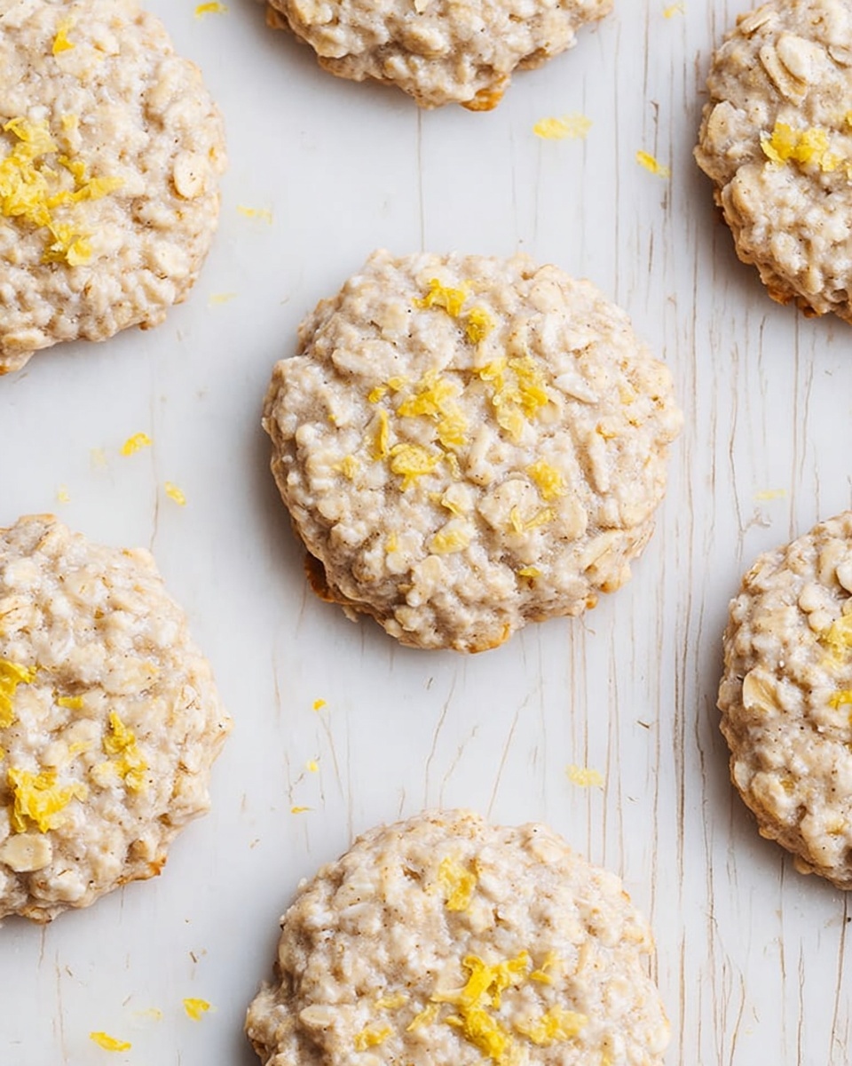 The image shows several round oatmeal cookies spread out on a white marbled surface. Each cookie is light beige with visible oats, giving them a bumpy and rough texture. On top of the cookies, there are small yellow flakes sprinkled unevenly. The cookies are arranged in a loose grid with some space between each one, and the background looks bright and clean. photo taken with an iphone --ar 4:5 --v 7