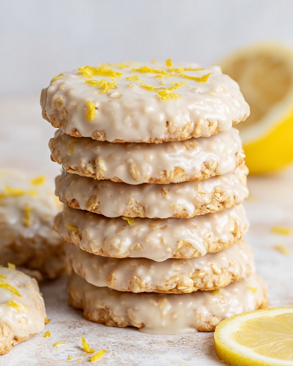 A stack of six round cookies coated in a light, creamy white glaze with small bits of oats visible under the smooth surface. The top cookie is sprinkled with tiny shreds of bright yellow lemon zest, adding a pop of color. The cookies are placed on a white marbled textured surface, with some additional lemon zest scattered around and a partially visible lemon wedge in the background to the right. The overall look is soft and slightly textured, with the creamy glaze giving a shiny finish. Photo taken with an iphone --ar 4:5 --v 7