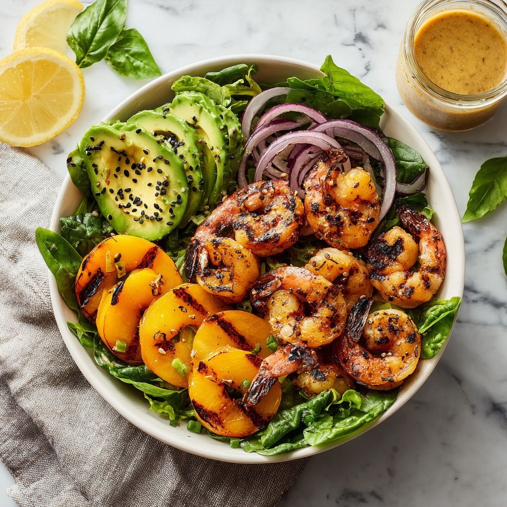 A white bowl filled with a base layer of fresh green leafy lettuce and spinach. On top, there are several bright orange grilled peach slices with char marks, some curled grilled shrimp with dark grill lines, thin slices of crispy bacon pieces, and few rings of purple red onion. A few slices of smooth green avocado with black sesame seeds are placed on the left side. The bowl sits on a white marbled surface with a light grey cloth partially visible on the upper left side, a lemon wedge, and scattered green basil leaves around. A jar of light brown dressing is visible in the top right corner. Photo taken with an iphone --ar 4:5 --v 7