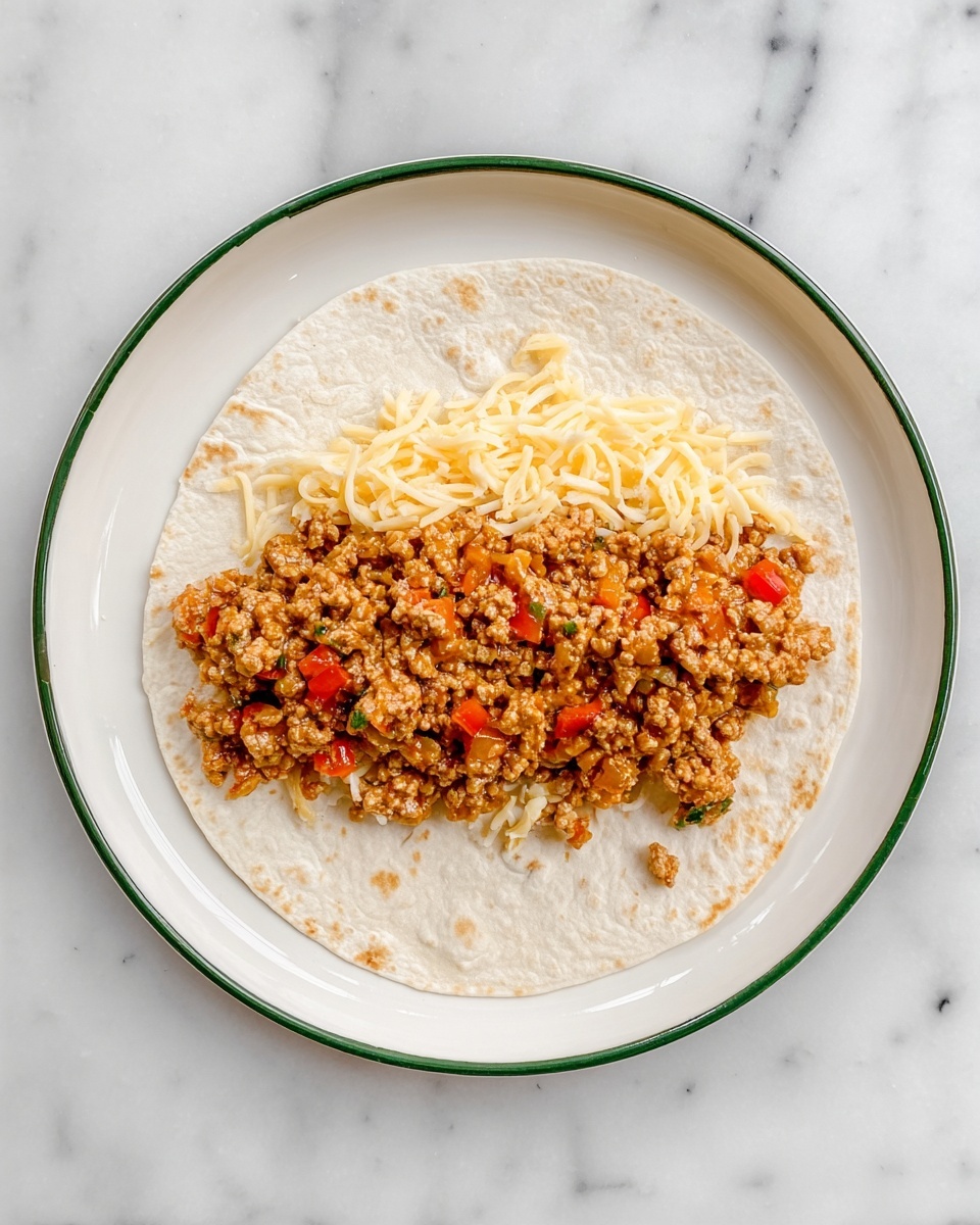 A white tortilla lies flat on a white plate with a green rim, placed on a white marbled surface. In the center of the tortilla, there is a layer of shredded cheese that is pale yellow and sparse. On top of the cheese, there is a thick layer of cooked ground meat mixed with small pieces of red bell pepper and herbs, showing a mix of brown, red, and green colors. The filling is placed in a horizontal line across the middle of the tortilla, leaving the edges clear. Photo taken with an iphone --ar 4:5 --v 7