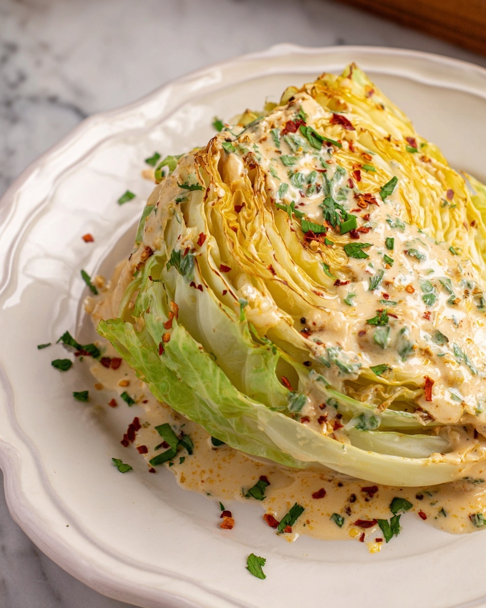 Creamy Garlic Parmesan Cabbage Recipe 5 The dish shows a wedge of cabbage with multiple layers of light green to pale yellow leaves stacked closely together. The cabbage wedge is topped with creamy, light beige sauce with visible specks of black pepper and red chili flakes. Small chopped green herbs are sprinkled over the top and sides of the wedge. The outer edges of the cabbage have some slight browning, suggesting they are cooked or grilled. The wedge sits on a white plate with a softly scalloped edge, placed on a white marbled surface. Photo taken with an iphone --ar 4:5 --v 7