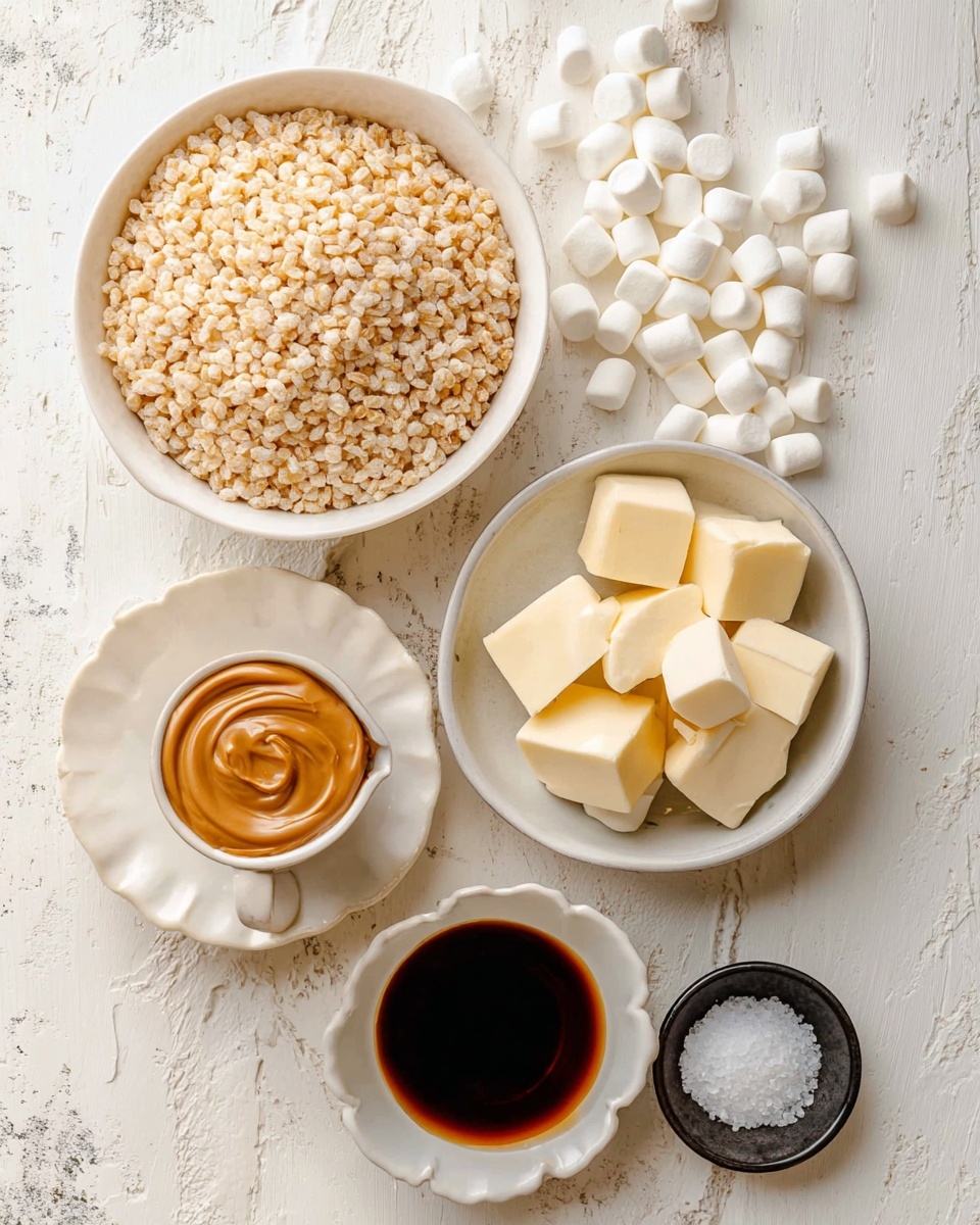 The image shows six ingredients placed on a white marbled surface: at the center left, a white round bowl filled with light beige crispy puffed rice; at the top right, a white bowl filled with small white marshmallows, some spilled on the surface; at the top left, a white ceramic cup with a smooth swirl of light brown peanut butter; at the bottom left, a small scalloped white dish holding four pale yellow cubes of butter; at the bottom right, a small white bowl containing dark brown vanilla extract; and next to it a tiny black dish with white salt. The composition is bright and clean, with a slight overhead view photo taken with an iphone --ar 4:5 --v 7