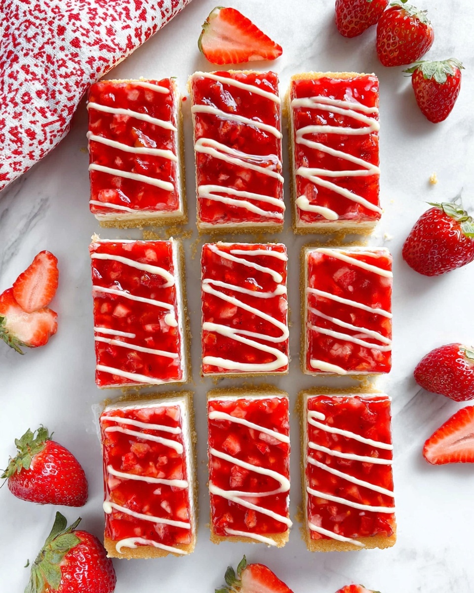 There are eight rectangular pieces of dessert arranged in two rows on a white marbled surface. Each piece has three layers: a light golden brown base, a thick white middle layer, and a shiny bright red topping with strawberry chunks. Thin white icing lines are drizzled evenly across the top layer of each piece. Around the dessert pieces, there are whole and halved fresh strawberries scattered, and a white and red patterned cloth is partially visible in the upper left corner. Photo taken with an iphone --ar 4:5 --v 7