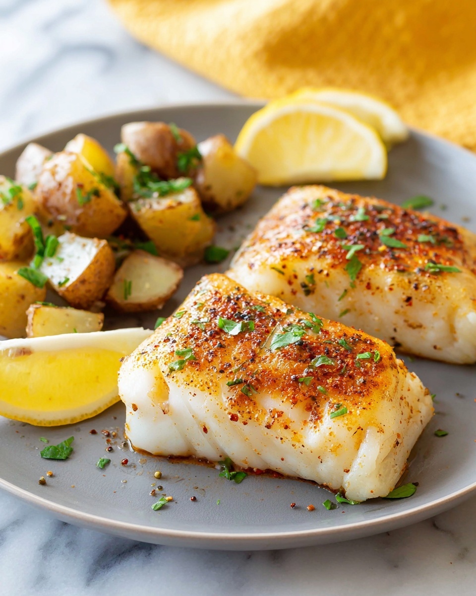 Two pieces of golden-brown cooked fish fillets sit on a white plate, each sprinkled with small green herb pieces and spices, showing a slightly crispy texture on top. To the left, there are small potato chunks with chopped herbs mixed in, their skins browned and soft looking. Behind the potatoes, two lemon wedges add bright yellow color to the dish. The plate rests on a white marbled surface with a yellow cloth blurred in the background. photo taken with an iphone --ar 4:5 --v 7