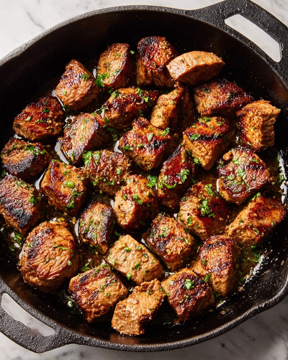 The image shows a black cast iron pan filled with golden-brown grilled meat chunks, each piece seasoned and slightly charred. The meat pieces are arranged in a single layer, with some showing grill marks and a crispy texture. Small green parsley bits are sprinkled evenly on top of the meat, adding a fresh contrast. The pan rests on a white marbled surface, highlighting the rich colors of the meat. photo taken with an iphone --ar 4:5 --v 7