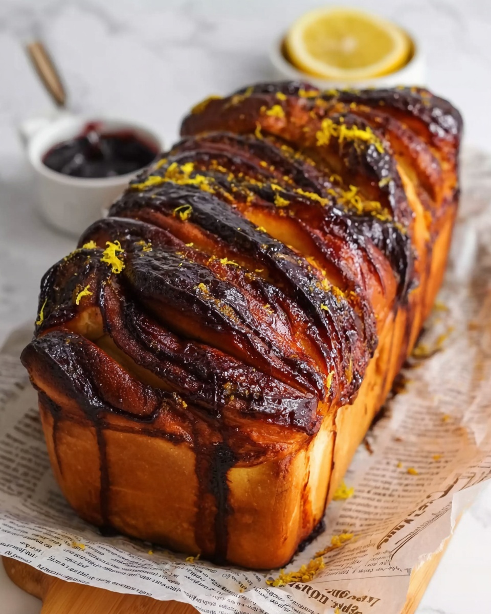 The image shows a loaf of pull-apart bread with many layers arranged closely in a white loaf pan. Each layer is thick and shiny, covered in a dark brown glaze with hints of blackened spots, showing a caramelized texture. The outer crust is golden brown, smooth and slightly shiny. Bright yellow lemon zest is sprinkled over the top layers, adding a fresh contrast. The bread rests on parchment paper printed to look like old newspaper, placed on a white marbled surface. A small white bowl of dark jam with a spoon and a slice of lemon are blurred in the background. Photo taken with an iphone --ar 4:5 --v 7