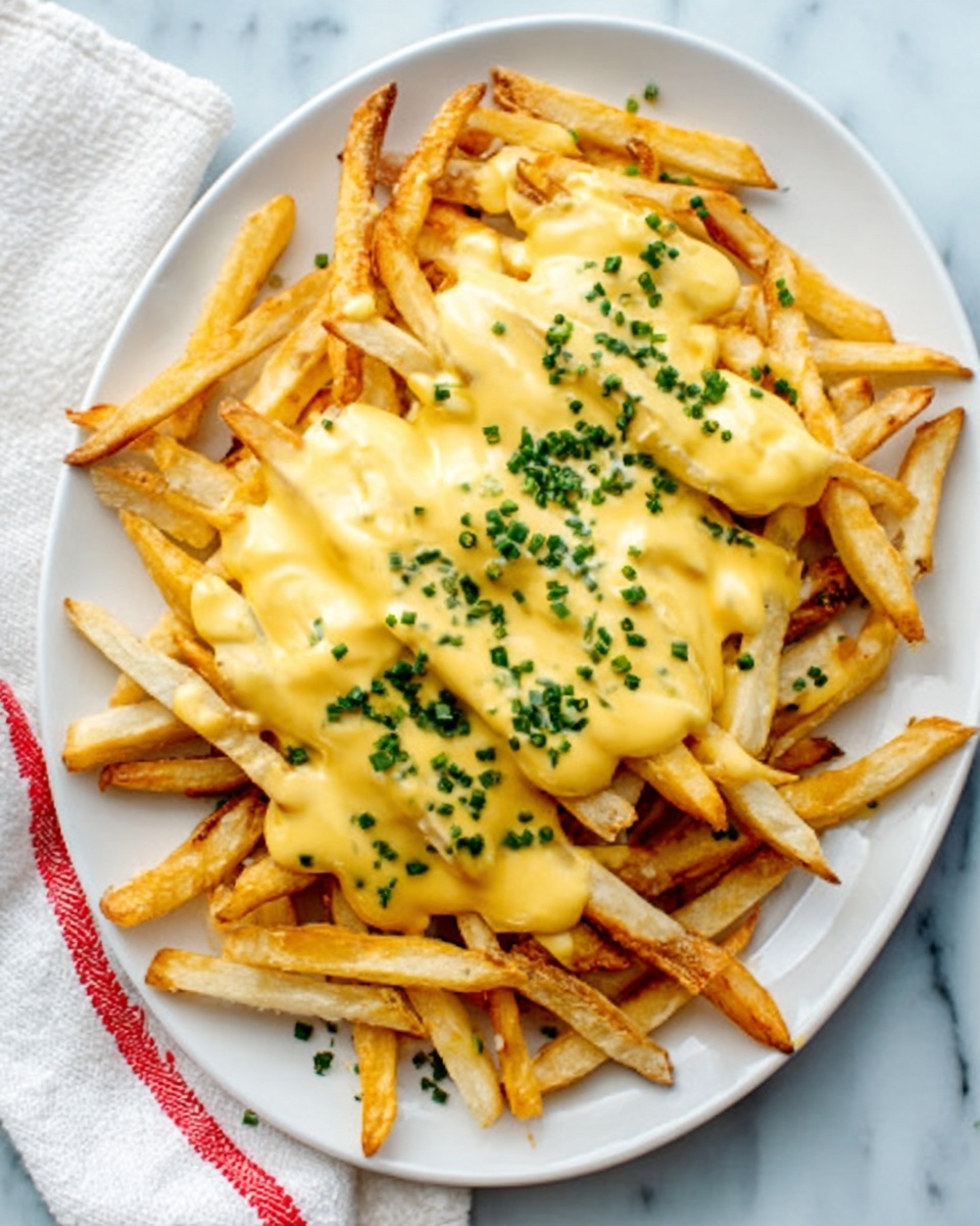 The image shows a white oval plate filled with golden fries, topped with a smooth layer of creamy yellow cheese sauce that covers most of the fries. Small green chopped herbs are scattered on top of the cheese sauce, adding a pop of color. The plate sits on a white marbled surface with a light blue background, and part of a white cloth with a red stripe is visible on the left side. photo taken with an iphone --ar 4:5 --v 7