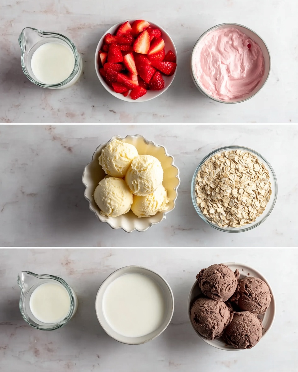 The image shows three separate sets of ingredients on a white marbled surface. The top set includes a clear pitcher of milk on the left, a white bowl filled with sliced red strawberries on the right, and a white bowl with light pink whipped cream or mousse below. The middle set features a white bowl in the center with three scoops of pale yellow ice cream, surrounded by a scalloped white bowl of light brown rolled oats to the left and a clear pitcher of milk to the right. The bottom set has a clear pitcher of milk on the left, a white bowl filled with light beige rolled oats in the center, and a white bowl with three scoops of dark brown ice cream on the right. photo taken with an iphone --ar 4:5 --v 7