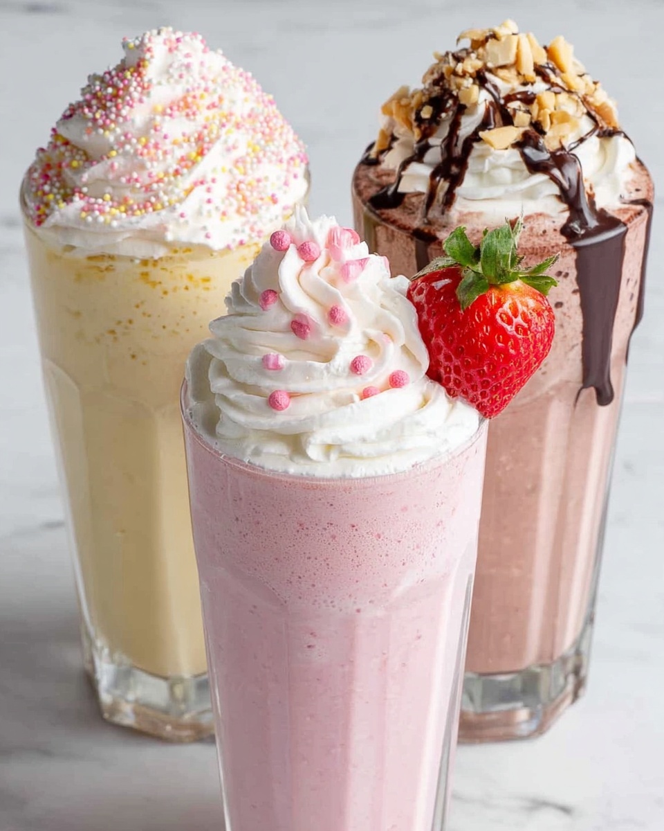 Three tall clear glasses are filled with different milkshakes, standing side by side on a white marbled surface. The left glass holds a pale vanilla milkshake with a thick layer of white whipped cream on top, decorated with small pink, white, and heart-shaped sprinkles around the rim and cream, spilling slightly down the sides. The middle glass contains a pink strawberry milkshake, topped with a swirl of white whipped cream, scattered red round sprinkles, and a halved fresh strawberry placed on the cream. The right glass has a brown chocolate milkshake with a thick swirl of chocolate whipped cream on top, drizzled with dark chocolate syrup and sprinkled with crushed nuts. In front of the glasses lie three sliced strawberry pieces on the marbled surface. The background is a soft, light gray textured wall. Photo taken with an iphone --ar 4:5 --v 7