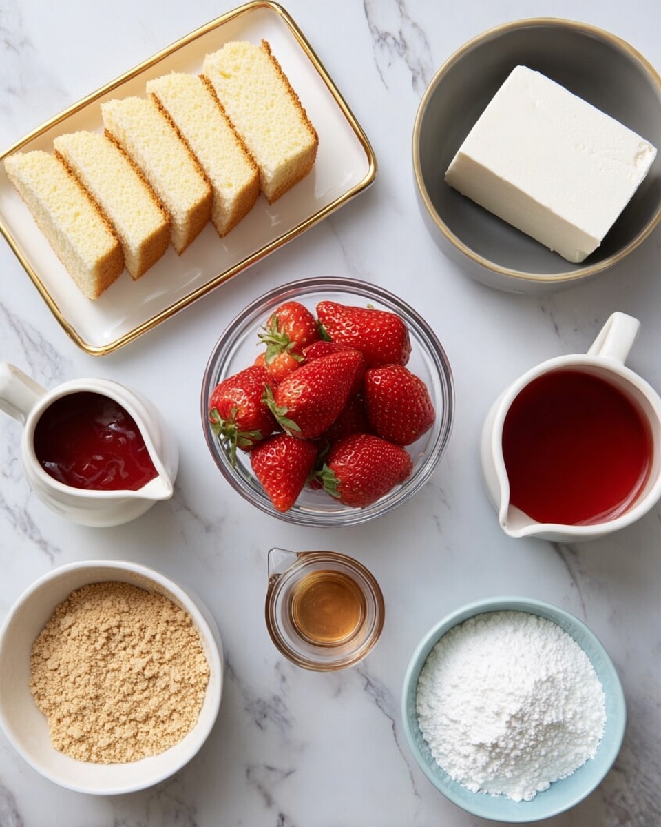 The image shows six small containers arranged on a white marbled surface, each holding different ingredients. At the top left, there is a white rectangular plate with golden edges holding five slices of pale yellow cake with a soft texture. To the right of the cake, a gray bowl contains a solid white block of cream cheese. Next to it, a clear glass bowl is filled with bright red fresh strawberries with visible seeds. Below the strawberries, a small clear glass cup holds a light brown liquid, likely vanilla or syrup. Left to that, a white pitcher contains a thick red sauce. Above the pitcher, a light blue bowl is filled with white powdered sugar. Finally, at the bottom left, a white bowl with golden edges contains crushed light brown graham crackers. All items are neatly arranged and well lit. Photo taken with an iphone --ar 4:5 --v 7