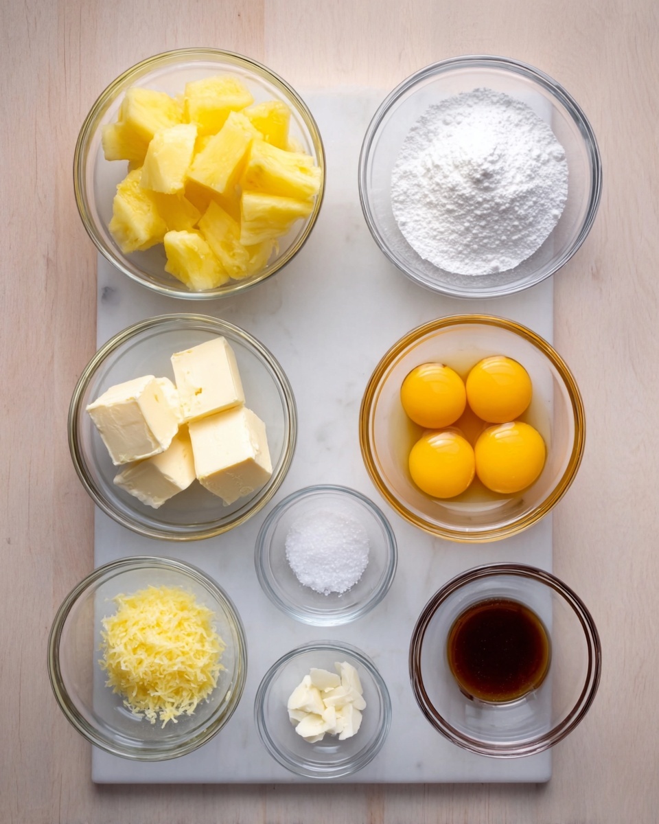 The image shows eight clear glass bowls arranged neatly in two rows on a white marbled surface. The top row has four bowls: the first filled with large yellow pineapple chunks, the second with white granulated sugar, the third with white powdered sugar, and the fourth with small pieces of pale yellow butter. The bottom row also has four small bowls: the first contains clear liquid, the second has finely grated yellow lemon zest, the third holds a small amount of white salt, and the fourth has dark brown vanilla extract. To the right of these bowls is a slightly larger clear bowl with four bright yellow egg yolks. photo taken with an iphone --ar 4:5 --v 7