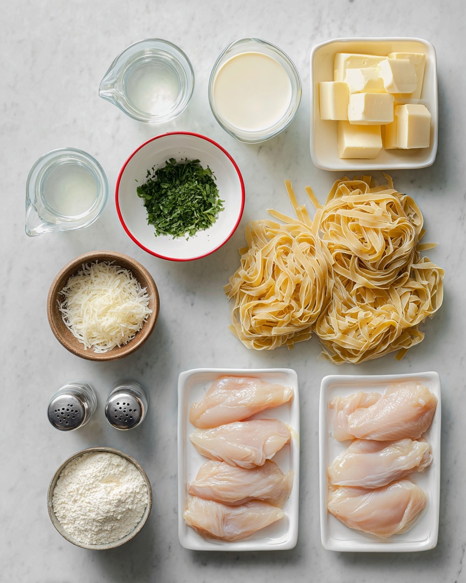 The image shows raw cooking ingredients neatly arranged on a white marbled surface. There are two white trays with uncooked pale chicken fillets in the bottom right and two nests of light beige tagliatelle pasta placed near the center. At the top right, a small white square bowl holds pale yellow butter cubes. Two clear glasses contain cream of slightly different thickness and are positioned at the top center. A small white bowl with red rim holds finely chopped green herbs near the chicken. Below the herbs, a tiny white bowl contains minced garlic. A brown bowl filled with grated white cheese sits on the left side, next to a smaller clear bowl with white powder, likely flour. Three metal shakers are positioned in a diagonal line near the bottom left. All ingredients are evenly spaced and clearly visible. Photo taken with an iphone --ar 4:5 --v 7