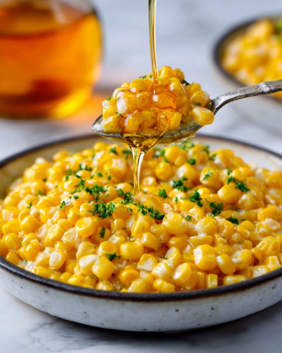 A white bowl filled with creamy yellow corn kernels mixed with sauce, topped with green parsley flakes. A spoon is scooping a serving of corn from the bowl, and golden honey is drizzling from above onto the corn. The surface is a white marbled texture in the background. photo taken with an iphone --ar 4:5 --v 7
