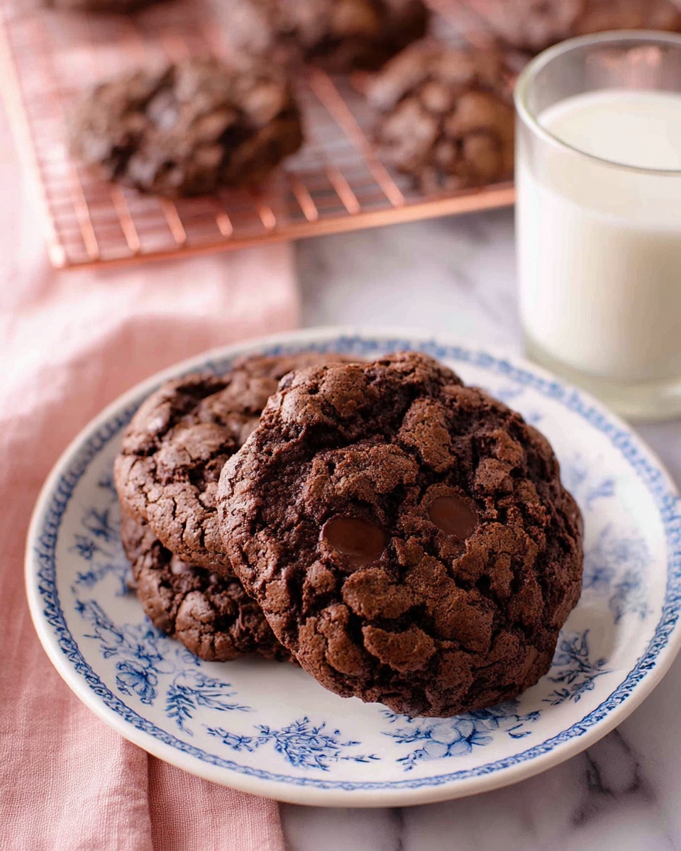 Two thick, dark brown chocolate chip cookies with a rough, cracked texture sit stacked on a white plate with blue floral patterns around the edge. More cookies rest on a copper cooling rack in the background over a white marbled surface. To the right of the plate, a clear glass filled with milk is partially shown. A soft pink cloth lies under the plate, adding a gentle touch of color. Photo taken with an iphone --ar 4:5 --v 7