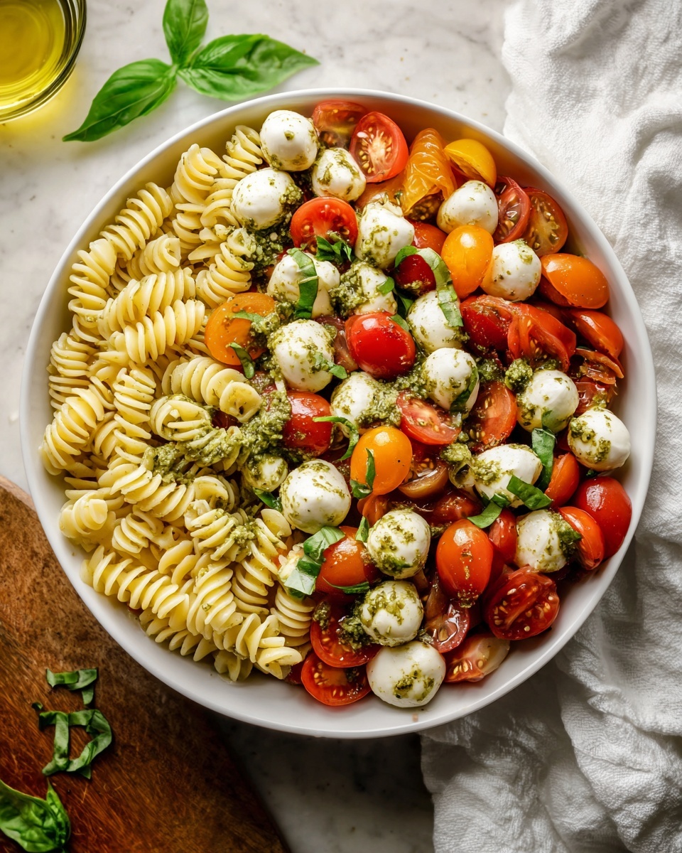 A white bowl filled with three layers: the first layer is pale yellow spiral pasta with a slightly shiny texture; the second layer consists of halved red and orange cherry tomatoes scattered evenly; the third layer includes small, round white mozzarella balls mixed throughout, all topped with finely chopped green basil leaves and a light coating of green pesto sauce. The bowl is placed on a white marbled surface with a white cloth partially visible at the bottom right and some olive oil and basil leaves at the top left, photo taken with an iphone --ar 4:5 --v 7