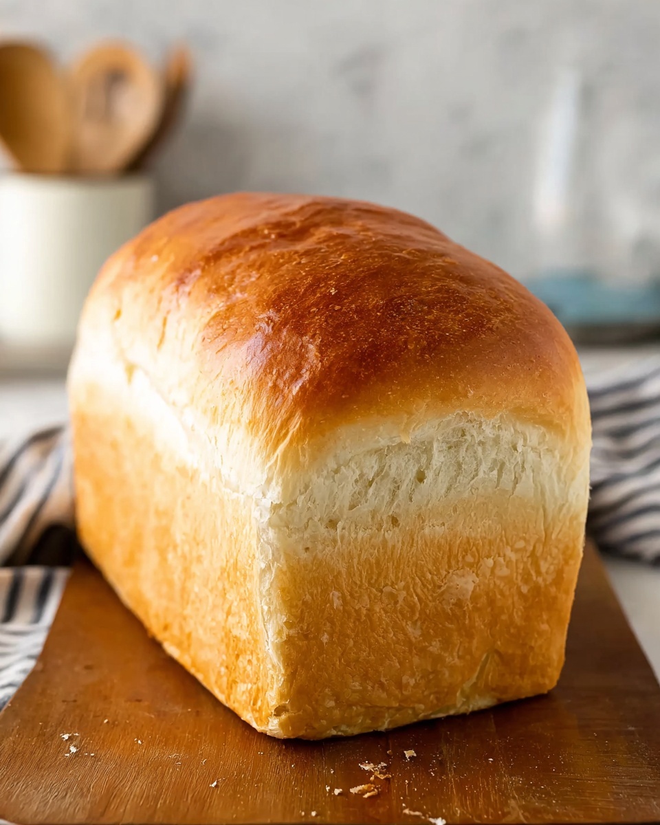 A loaf of bread is shown sliced on a wooden cutting board. The bread has a golden brown crust on top with a soft, white, fluffy inside. Three slices are next to the main loaf, showing the light texture inside. A white and blue cloth with stripes is underneath the board on a white marbled surface. In the background, there is a white bowl with a light spread and a glass jar with a wooden honey dipper. Photo taken with an iphone --ar 4:5 --v 7