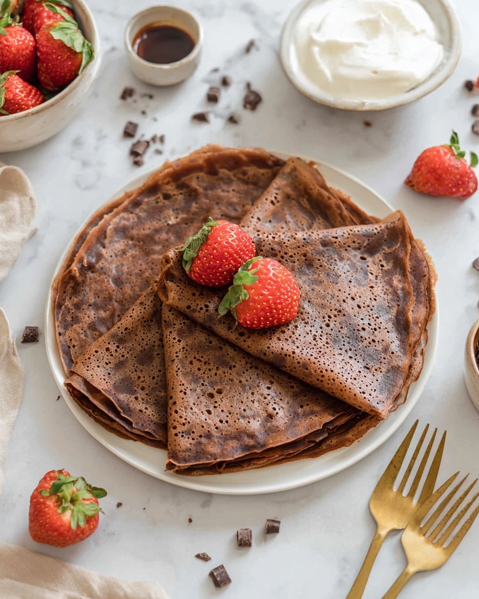 A stack of thin chocolate crepes with a spotted texture sits on a white plate. The crepes are folded into quarters with three pieces arranged on top. Three fresh strawberries, one whole and two halved, are placed on the crepes for decoration. Around the plate, small chocolate curls are scattered on a white marbled surface. Nearby, there is a bowl filled with white whipped cream, a small bowl of chocolate syrup, and a few more strawberries. Two gold forks are placed diagonally on either side of the plate. photo taken with an iphone --ar 4:5 --v 7